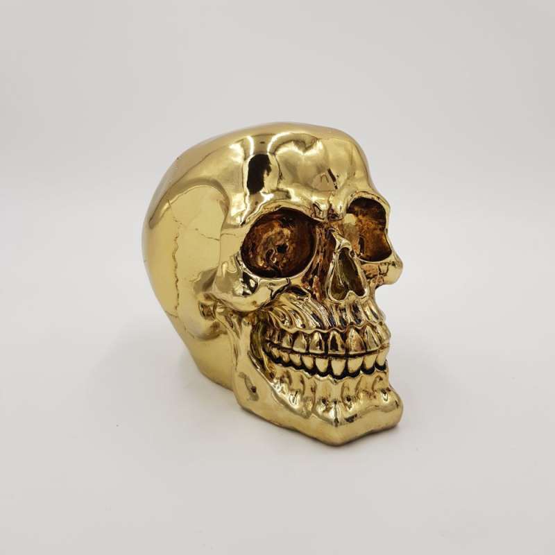Spardose mit Schloss, Totenkopf, ca. 15 cm, sortiert, gold