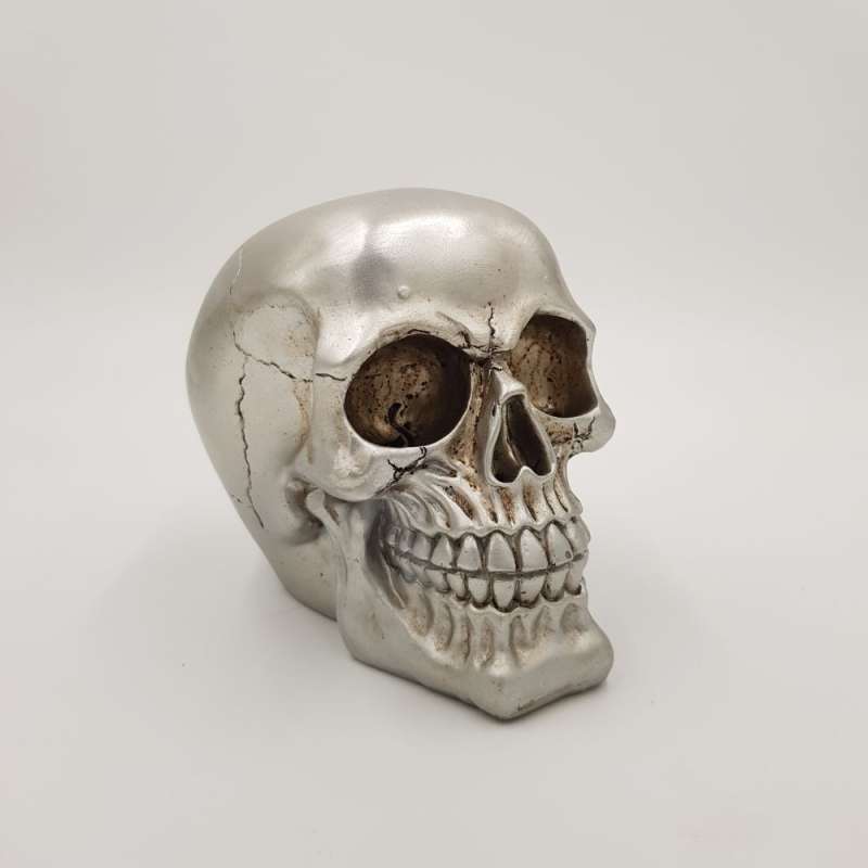 Spardose mit Schloss, Totenkopf, ca. 15 cm, sortiert, silber matt