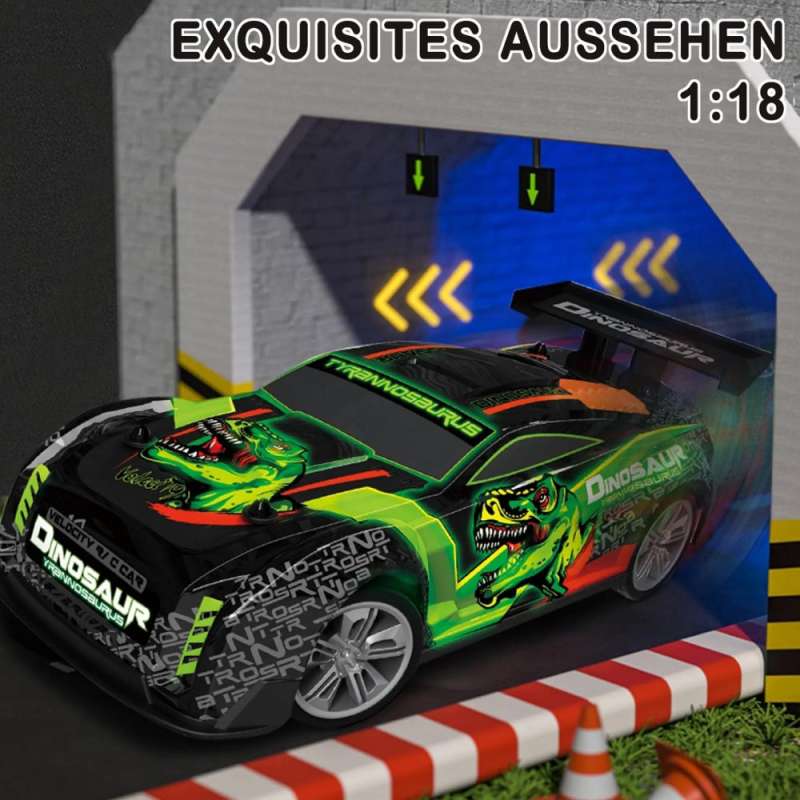 Ferngesteuertes Auto RC Drift Car Dinosaurier mit LED-Leuchten beim Rennen
